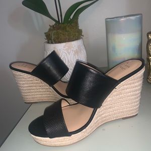 Black faux leather wide strap wedges